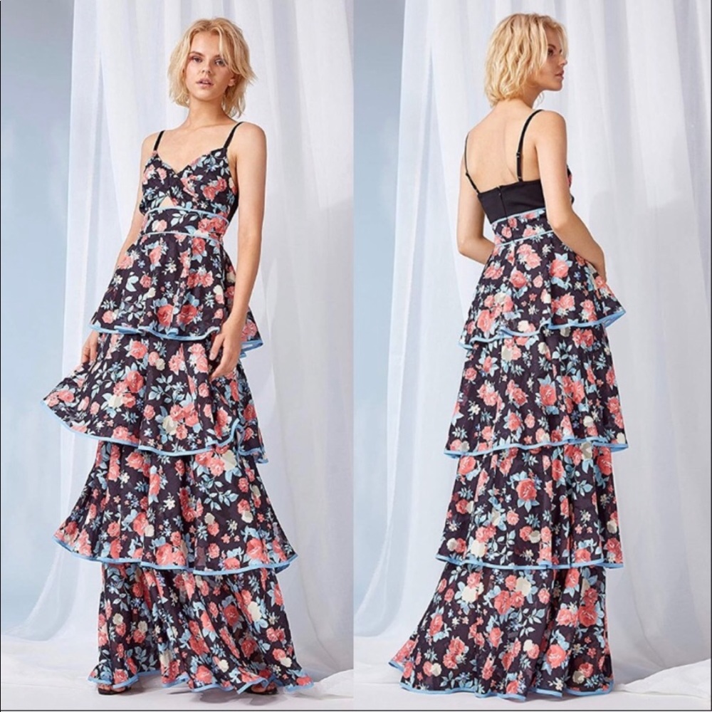 Foxiedox Darlene Tiered Ruffle Floral Maxi Dress XS NWT